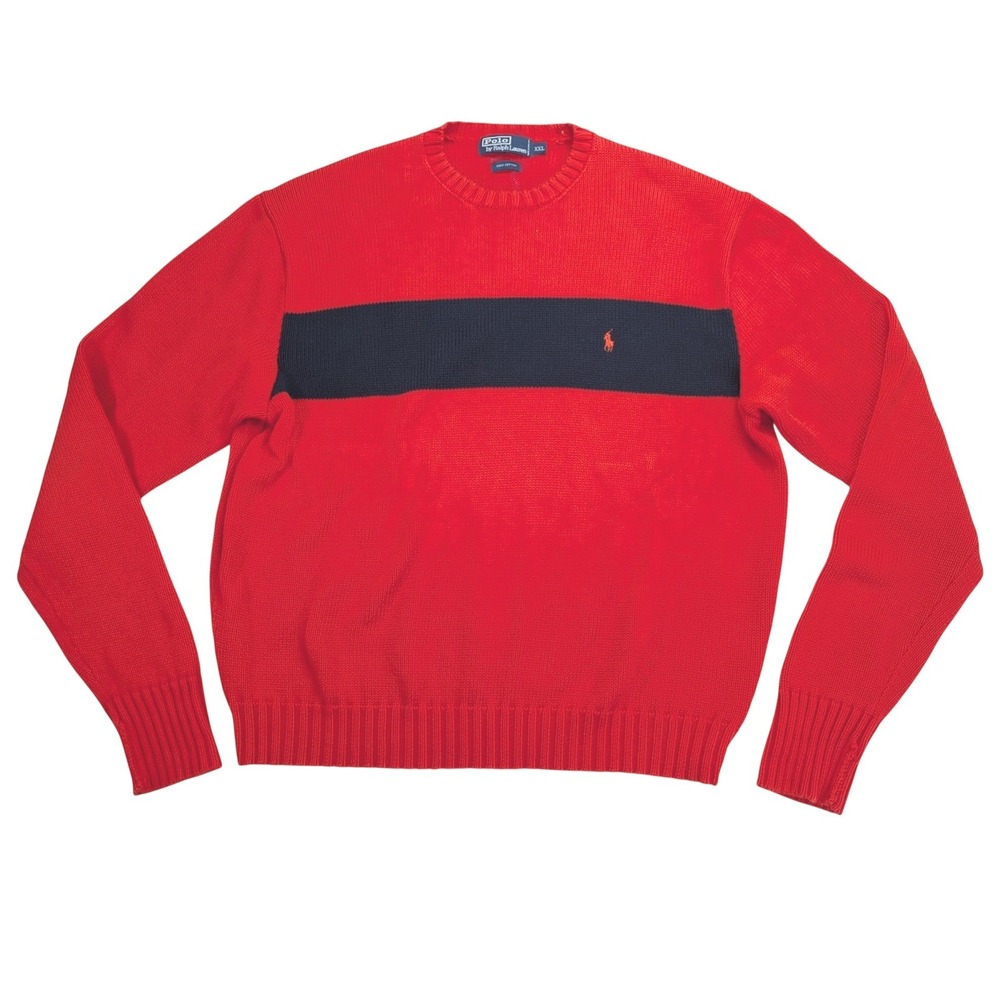 Vintage 90s Polo Ralph Lauren Sweater Mens XXL Red Navy Cotton Hong Kong Flaw